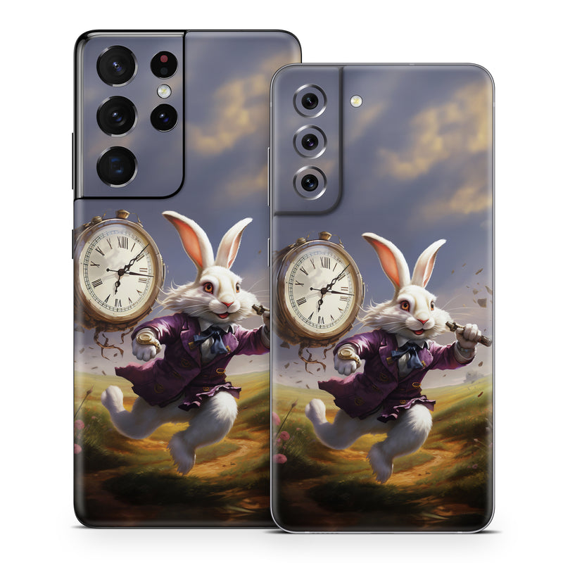 Samsung Galaxy S21 Series Skin design of Sky, Plant, Nature, Cartoon, Rabbit, Cloud, Clock, Happy, Fawn, Art, with white, gray, purple, blue, green, pink, brown colors