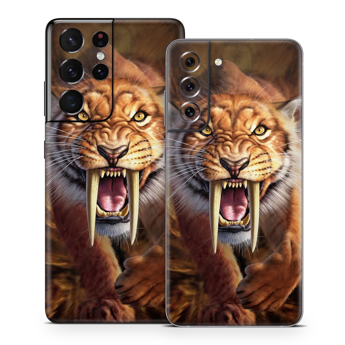 Samsung Galaxy S21 Series Skin design of Roar, Felidae, Facial expression, Wildlife, Whiskers, Bengal tiger, Carnivore, Snout, Big cats, Fang, with black, orange, yellow, white colors