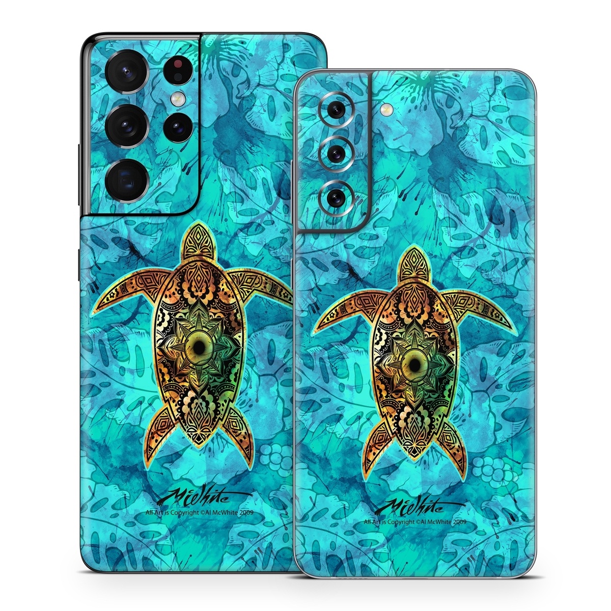 Samsung Galaxy S21 Series Skin design of Sea turtle, Green sea turtle, Turtle, Hawksbill sea turtle, Tortoise, Reptile, Loggerhead sea turtle, Illustration, Art, Pattern, with blue, black, green, gray, red colors