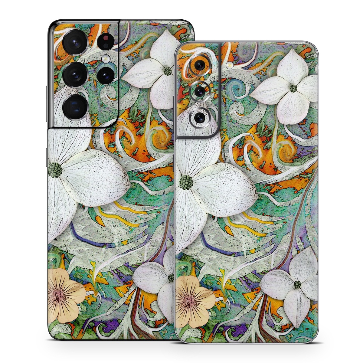 Samsung Galaxy S21 Series Skin design of Flower, Pattern, Plant, Wildflower, Floral design, Petal, Art, Painting, Visual arts, Wallpaper, with gray, black, green, blue, red colors