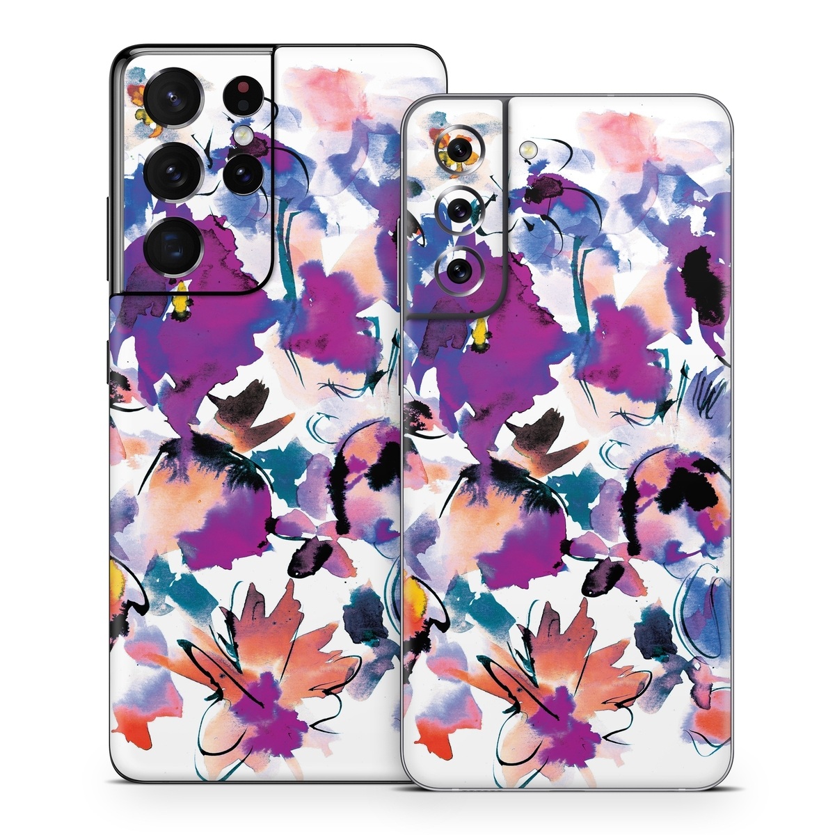 Samsung Galaxy S21 Series Skin design of Product, Purple, Illustration, Graphic design, Plant, Clip art, Flower, Graphics, Wildflower, Watercolor paint, with white, purple, pink, yellow, blue, black colors