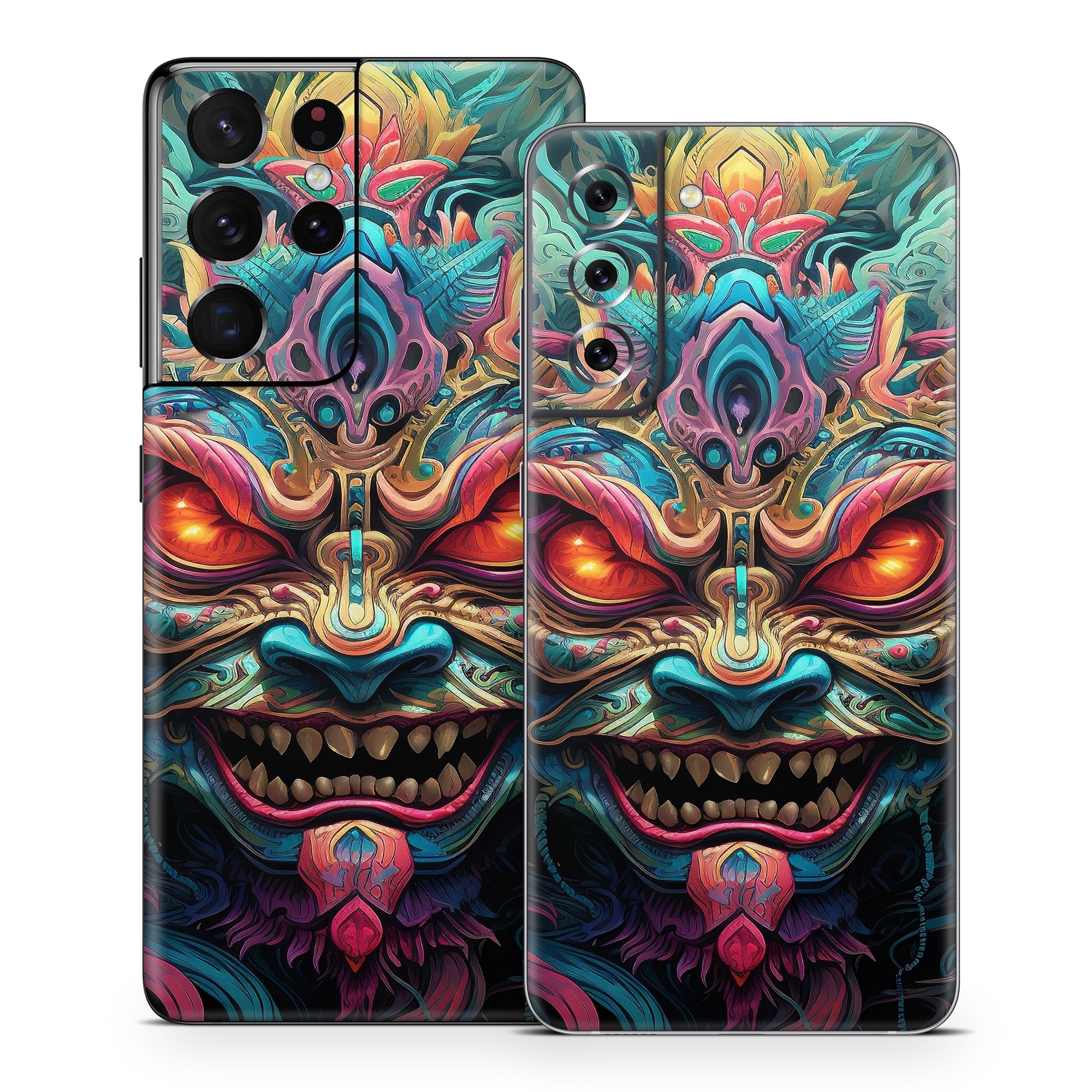 Samsung Galaxy S21 Series Skin design of Head, Eye, Human body, Art, Painting, Symmetry, Pattern, Paint, Magenta, Visual arts, with green, blue, yellow, orange, red, white, purple, black, gray colors