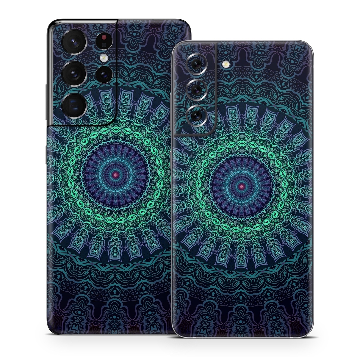 Samsung Galaxy S21 Series Skin design of Colorfulness, Blue, Green, Pattern, Teal, Turquoise, Art, Electric Blue, Aqua, Circle, Majorelle Blue, Visual Arts, Fractal Art, Design, Symmetry, Psychedelic Art, Graphics, Kaleidoscope, Motif, with black, green, red colors