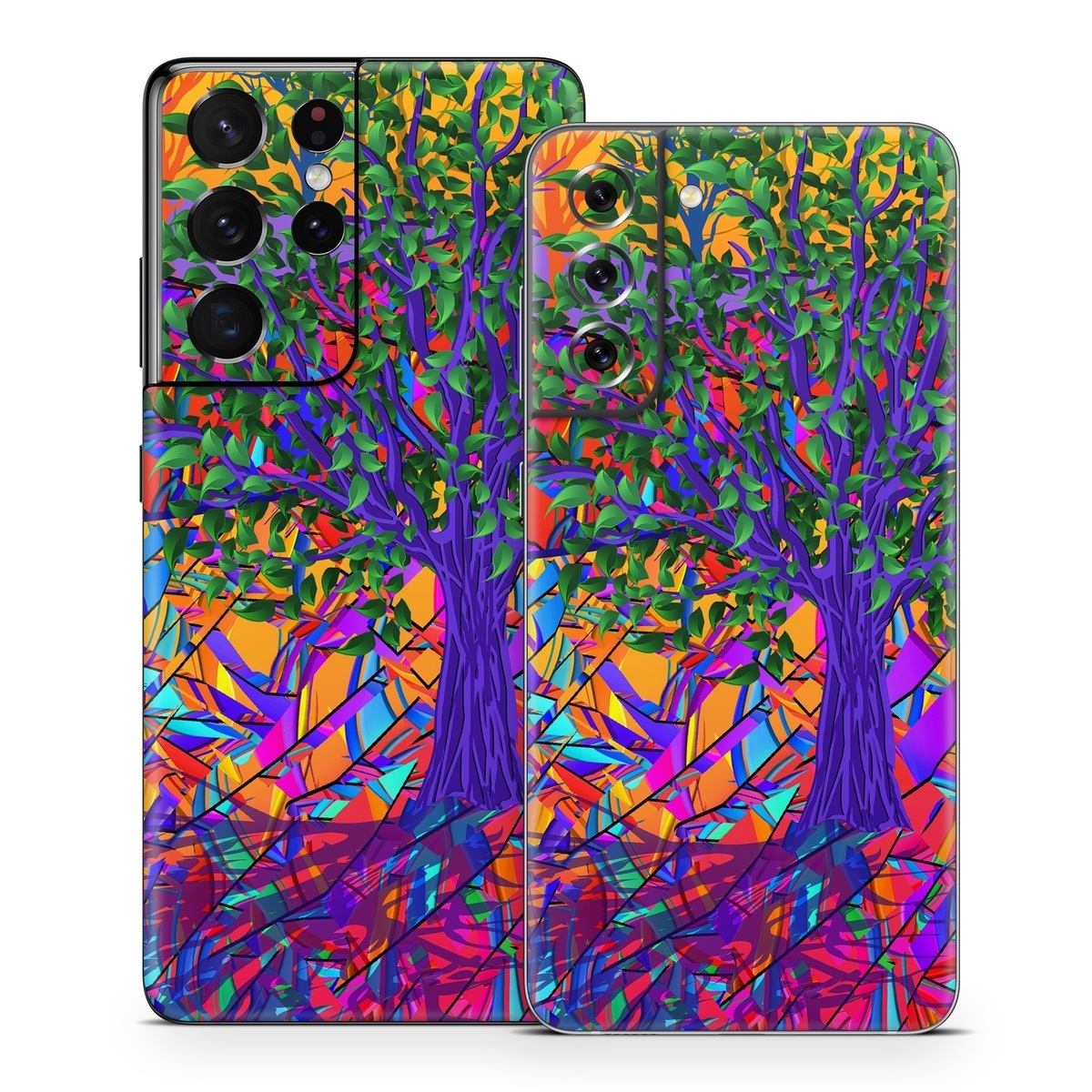 Samsung Galaxy S21 Series Skin design of Psychedelic art, Pattern, Visual arts, Art, Plant, Acrylic paint, Modern art, with green, purple, orange, blue, purple, yellow, red colors