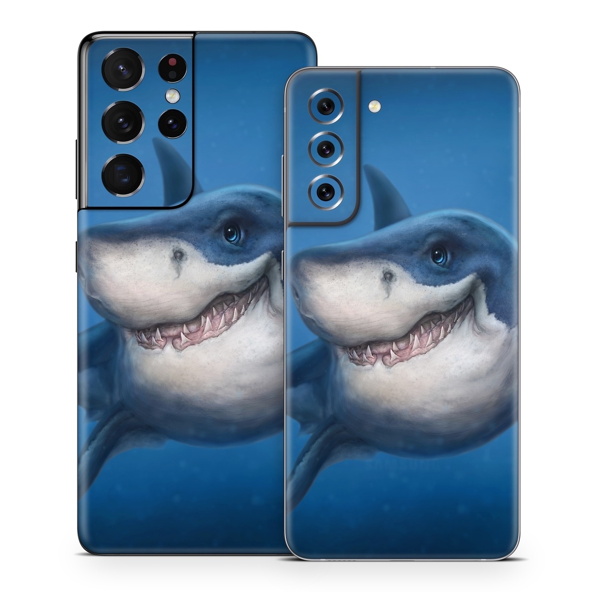 Samsung Galaxy S21 Series Skin design of Fish, Great white shark, Shark, Tiger shark, Cartilaginous fish, Requiem shark, Lamniformes, Bull shark, Carcharhiniformes, with black, blue, gray colors