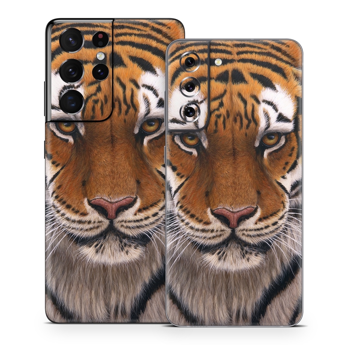 Samsung Galaxy S21 Series Skin design of Tiger, Mammal, Wildlife, Terrestrial animal, Vertebrate, Bengal tiger, Whiskers, Siberian tiger, Felidae, Snout, with black, gray, red, green, pink colors