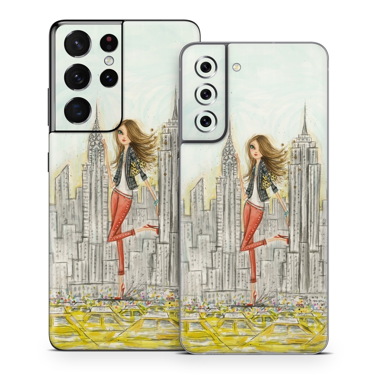 Samsung Galaxy S21 Series Skin design of Human settlement, Fashion illustration, Illustration, City, Art, Architecture, Drawing, Fictional character, with gray, green, black, red colors