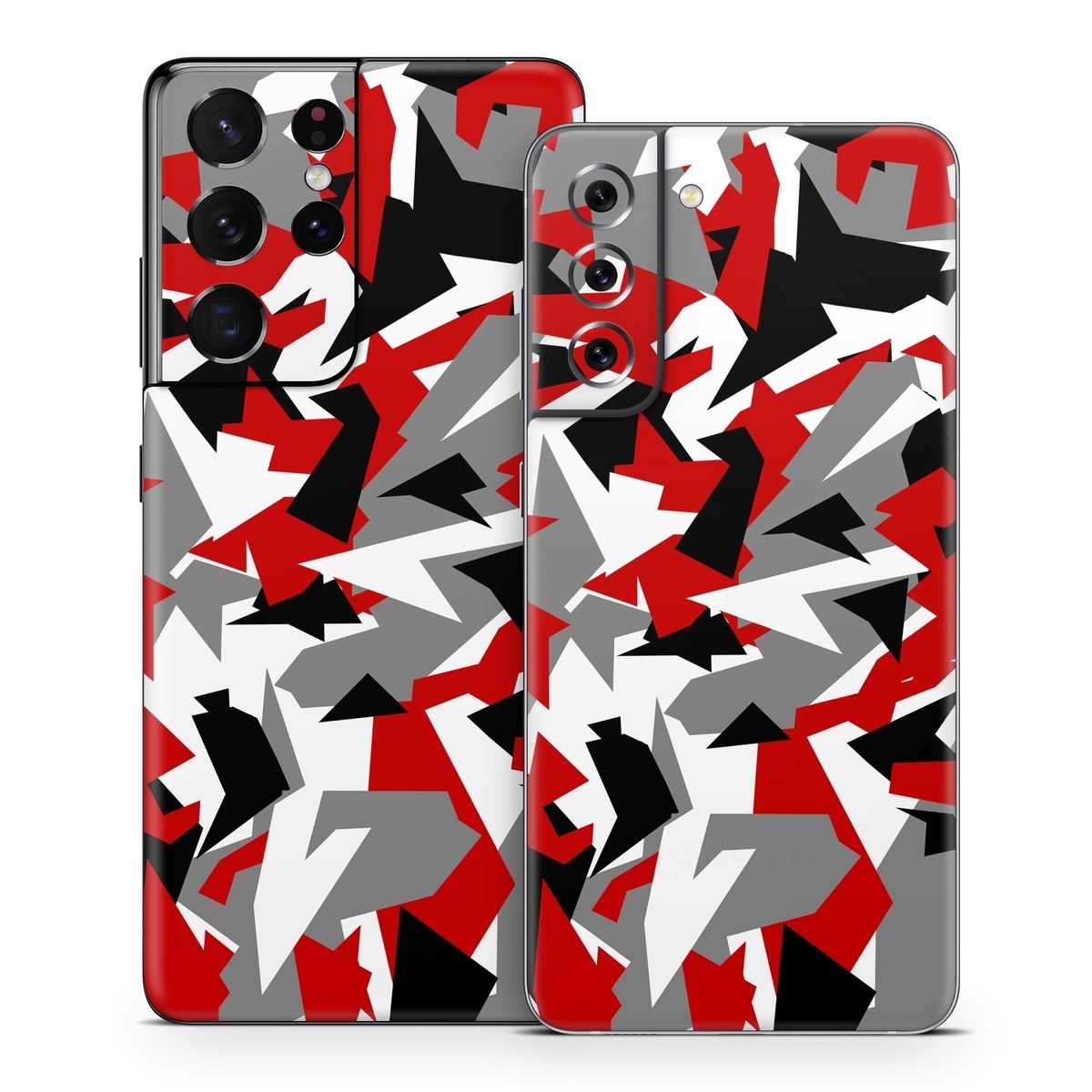 Samsung Galaxy S21 Skin design of Red, Pattern, Font, Design, Textile, Carmine, Illustration, Flag, Crowd with red, white, black, gray colors