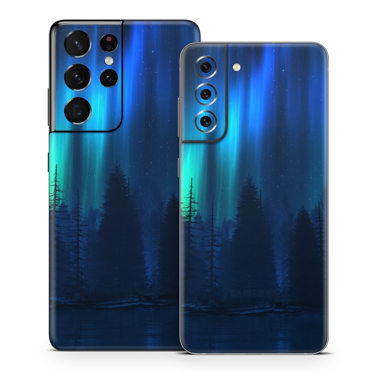 Samsung Galaxy S21 Series Skin design of Blue, Light, Natural environment, Tree, Sky, Forest, Darkness, Aurora, Night, Electric blue, with black, blue colors