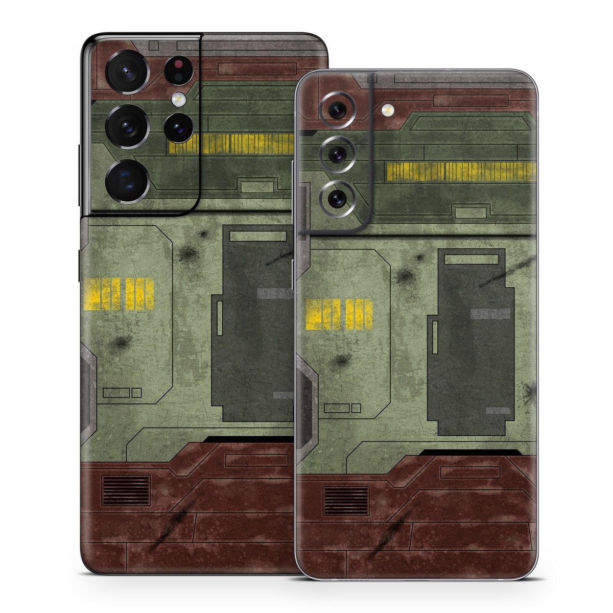Samsung Galaxy S21 Series Skin design of Rectangle, Screenshot, Font, Wood, Pattern, Symmetry, Machine, Gas, Parallel, Engineering, with red, green, yellow, black, gray, white colors