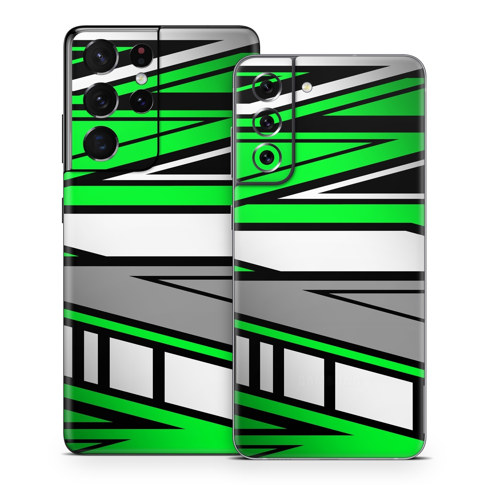 Samsung Galaxy S21 Series Skin design of Colorfulness, Green, Rectangle, Slope, Font, Line, Material property, Parallel, Tints and shades, Graphics, with black, green, white, gray colors