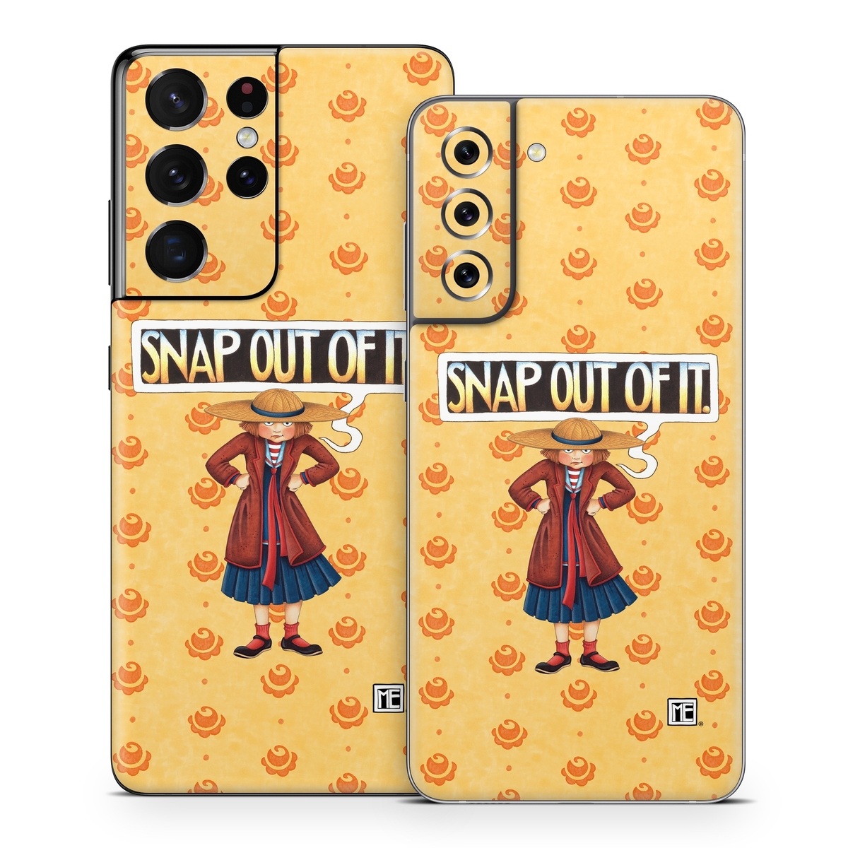Samsung Galaxy S21 Series Skin design of Cartoon, Illustration, Poster, Animated cartoon, Fiction, Anime, Art, Fictional character, Games, with pink, orange, black, red, gray, white colors