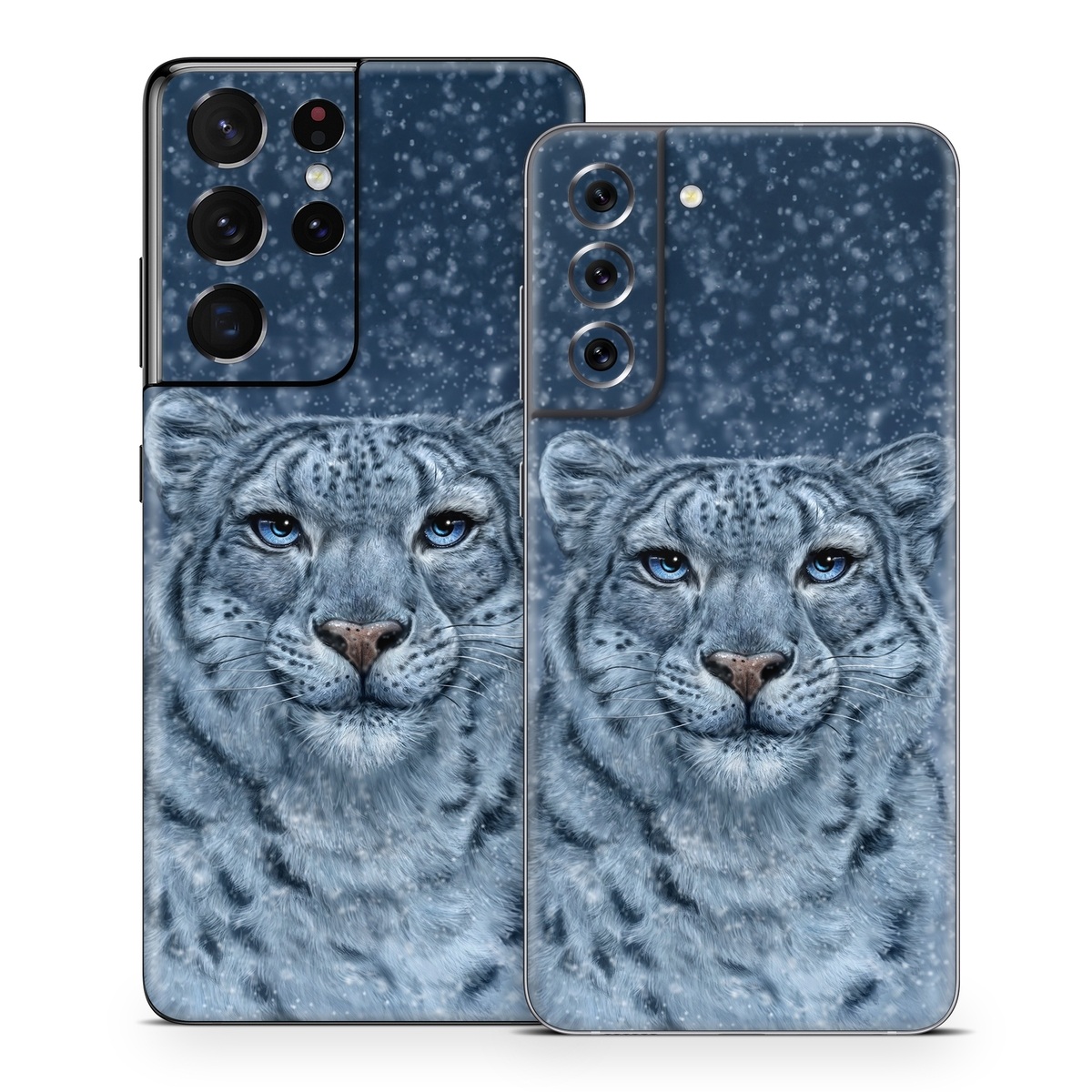 Samsung Galaxy S21 Series Skin design of Snow, Carnivore, Felidae, Whiskers, Terrestrial animal, Snout, Big cats, Painting, Fur, Illustration, with white, black, blue, gray colors