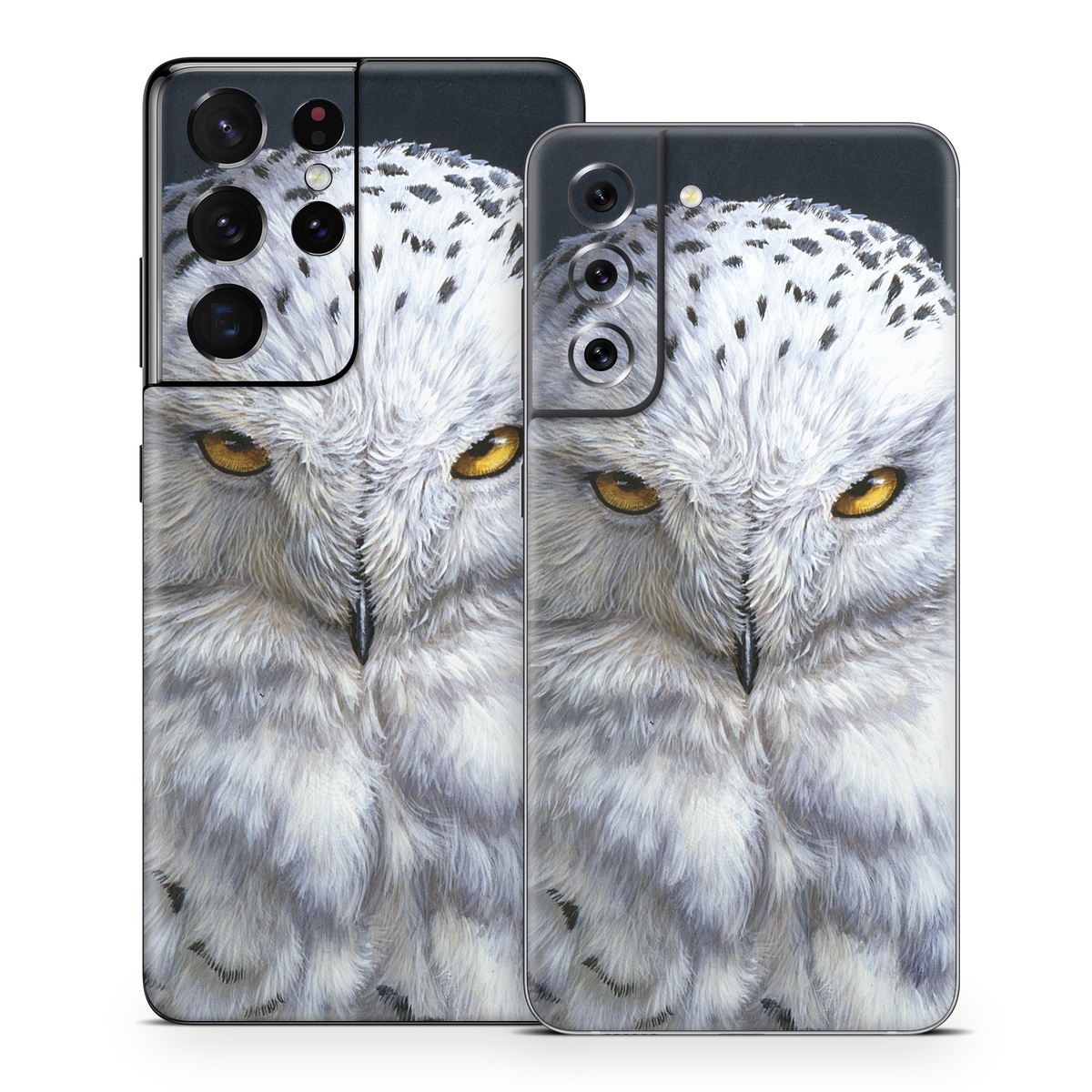 Samsung Galaxy S21 Series Skin design of Owl, Bird, Bird of prey, Snowy owl, great grey owl, Close-up, Eye, Snout, Wildlife, Eastern Screech owl, with gray, white, black, blue, purple colors