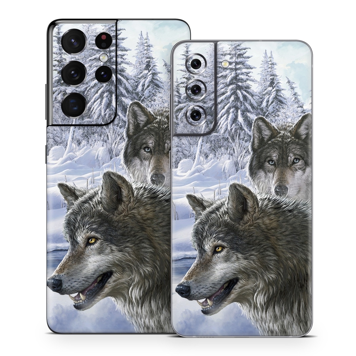 Samsung Galaxy S21 Series Skin design of Mammal, Vertebrate, Wolf, Canidae, canis lupus tundrarum, Canis, Wildlife, Carnivore, Wolfdog, Dog, with gray, black, blue, purple colors