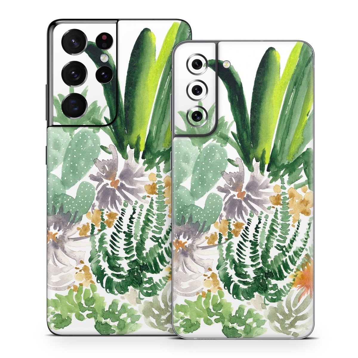 Samsung Galaxy S21 Series Skin design of Cactus, Plant, Flower, Botany, Leaf, Illustration, Pine, Grass, Succulent plant, Branch, with white, green, red, orange colors