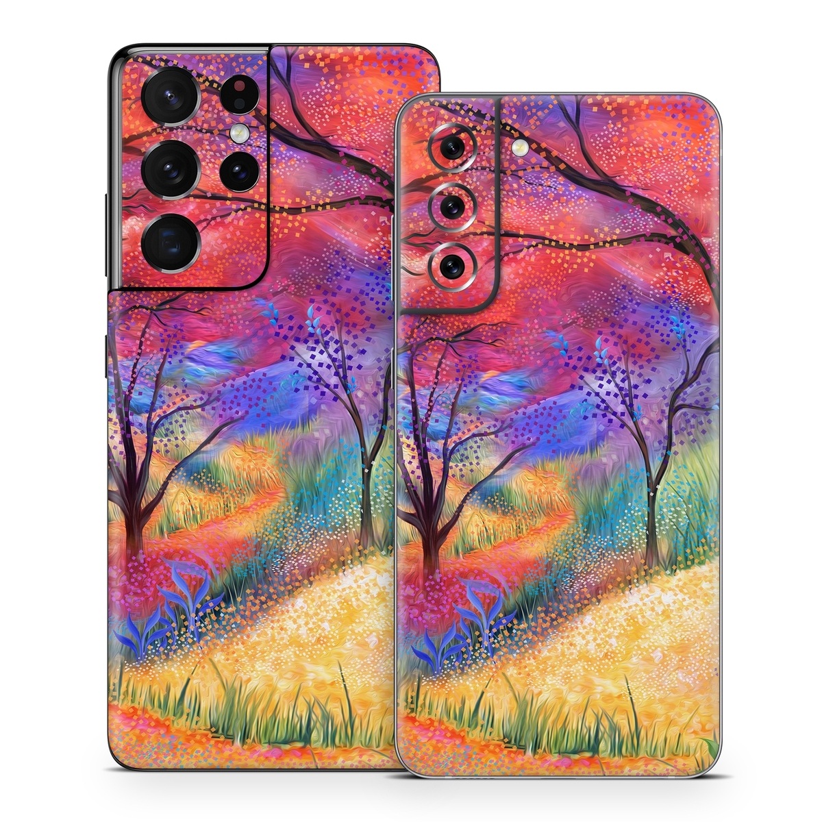 Samsung Galaxy S21 Series Skin design of Plant, Art paint, Paint, Botany, Natural environment, Natural landscape, Leaf, Branch, People in nature, Tree, with red, blue, yellow, green, purple, orange, black, white colors