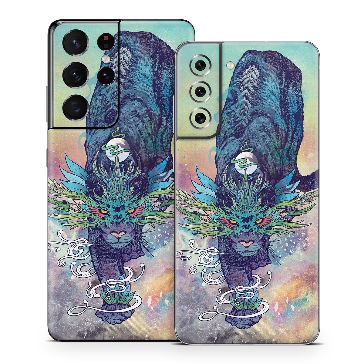 Samsung Galaxy S21 Series Skin design of Illustration, Fictional character, Graphic design, Demon, Art, Fiction, Cg artwork, Supernatural creature, with blue, green, black, white, yellow, orange, pink, purple colors
