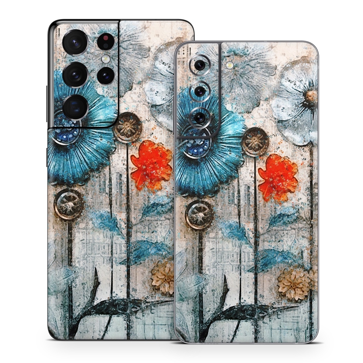 Samsung Galaxy S21 Series Skin design of Plant, Blue, Petal, Textile, Paint, Flower, Art, Creative arts, Pattern, Rectangle, with white, brown, black, yellow, blue, red, gray colors