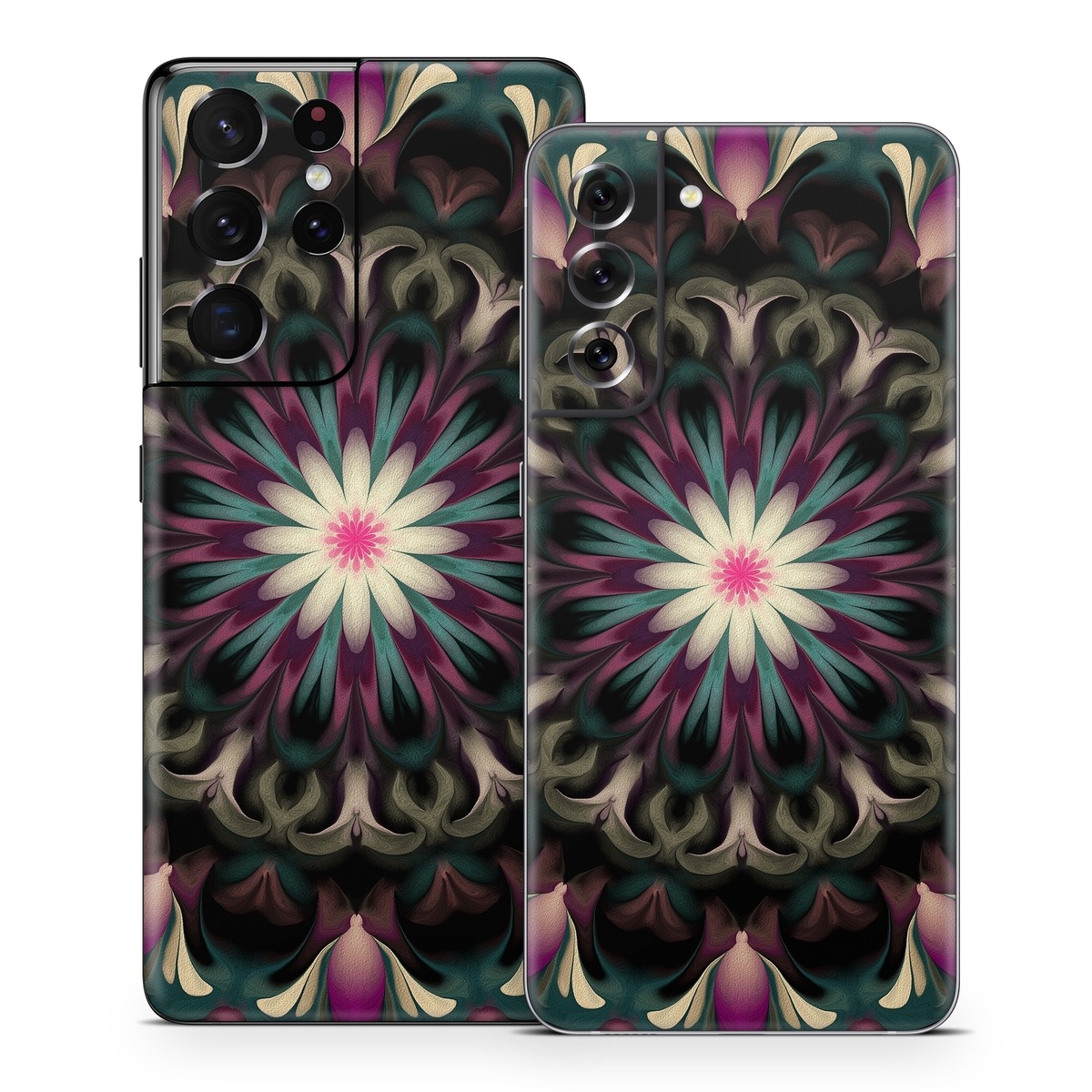 Samsung Galaxy S21 Series Skin design of Fractal art, Pattern, Pink, Psychedelic art, Art, Kaleidoscope, Design, Symmetry, Visual arts, Textile, with black, purple, white, green, blue colors