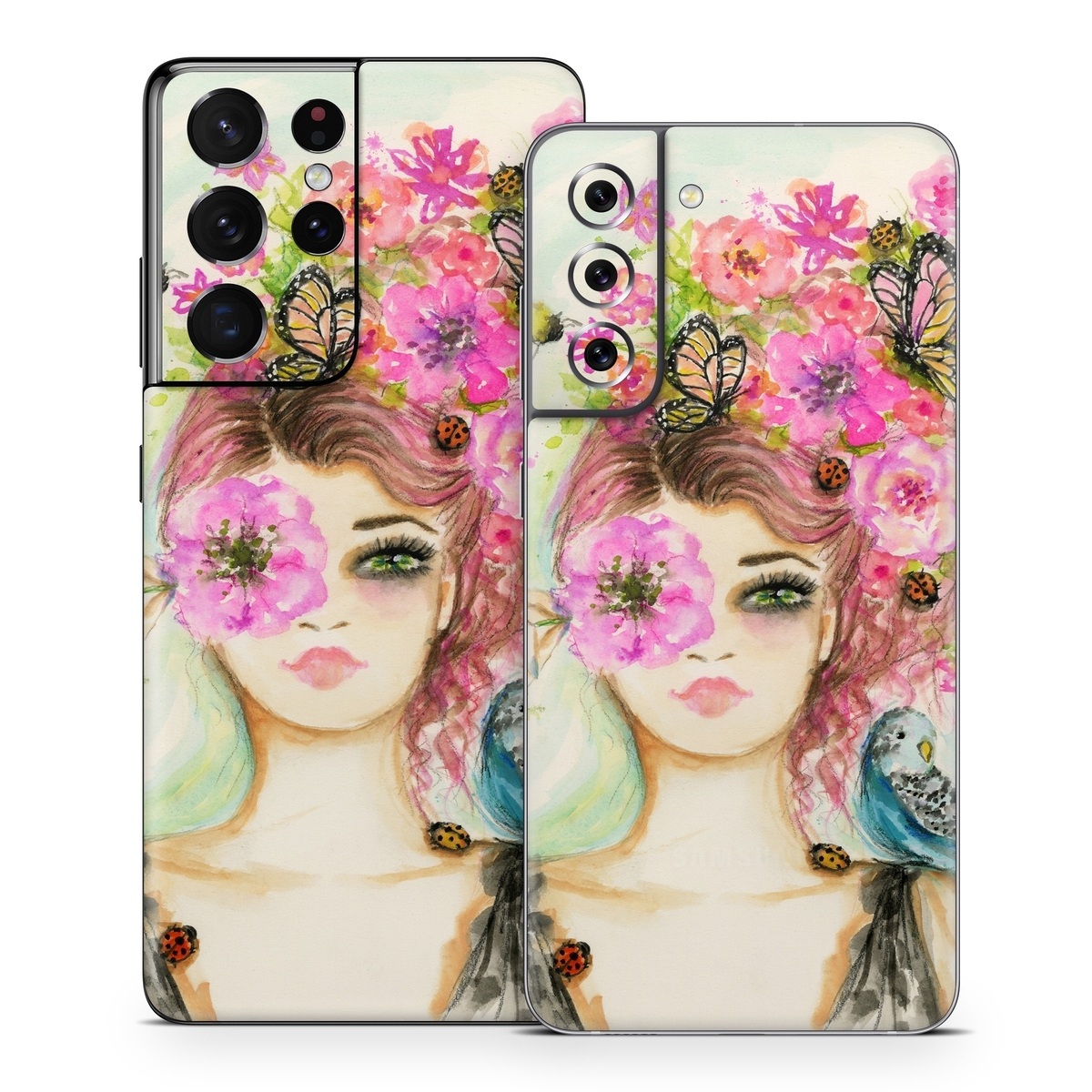 Samsung Galaxy S21 Series Skin design of Face, Watercolor paint, Illustration, Pink, Head, Fashion illustration, Beauty, Art, Cheek, Painting, with white, pink, green, blue, yellow, red, brown colors
