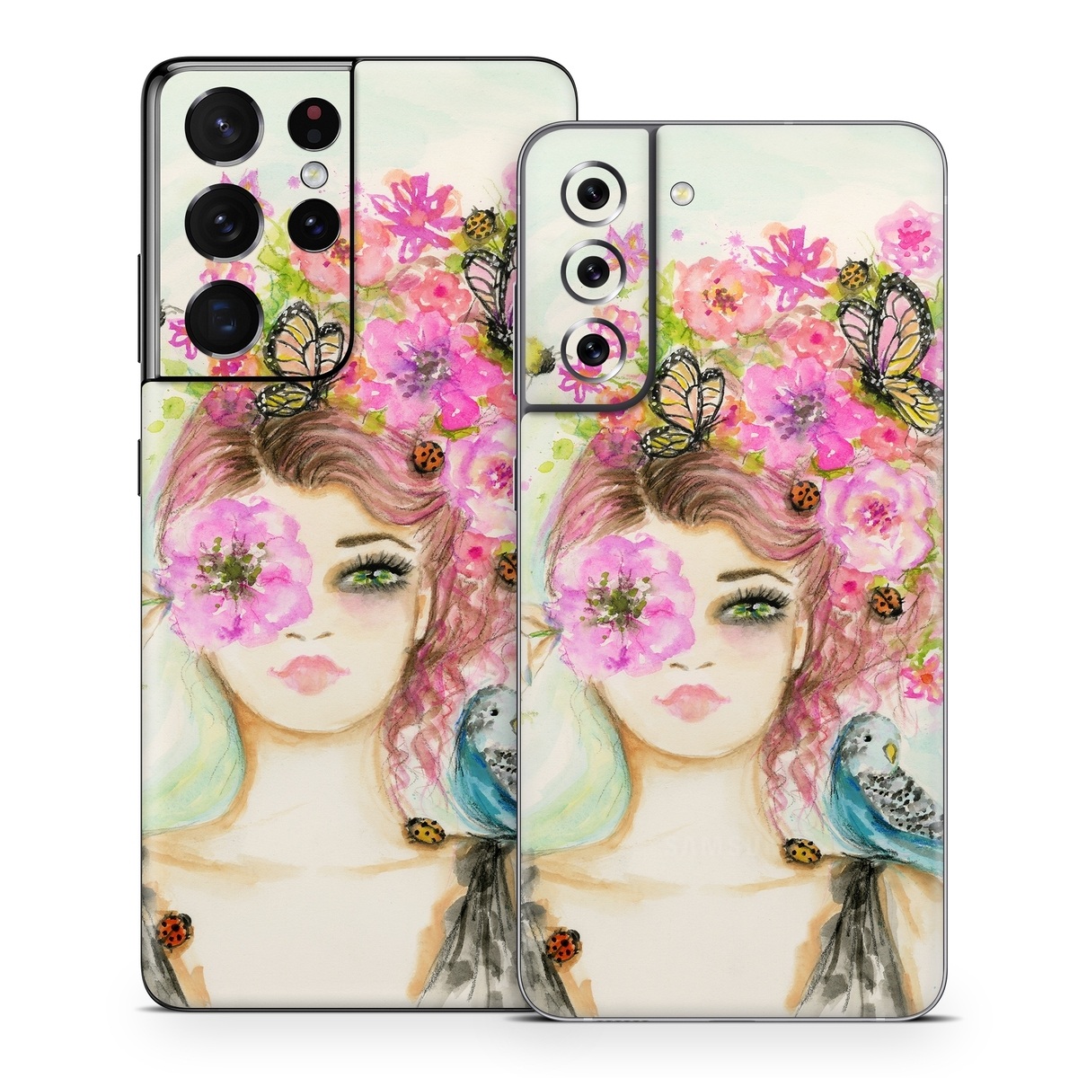 Samsung Galaxy S21 Series Skin design of Pink, Illustration, Fashion illustration, Watercolor paint, Fictional character, Dress, Hair accessory, Wildflower, Costume, Plant, with blue, pink, yellow, orange, purple, brown, green colors