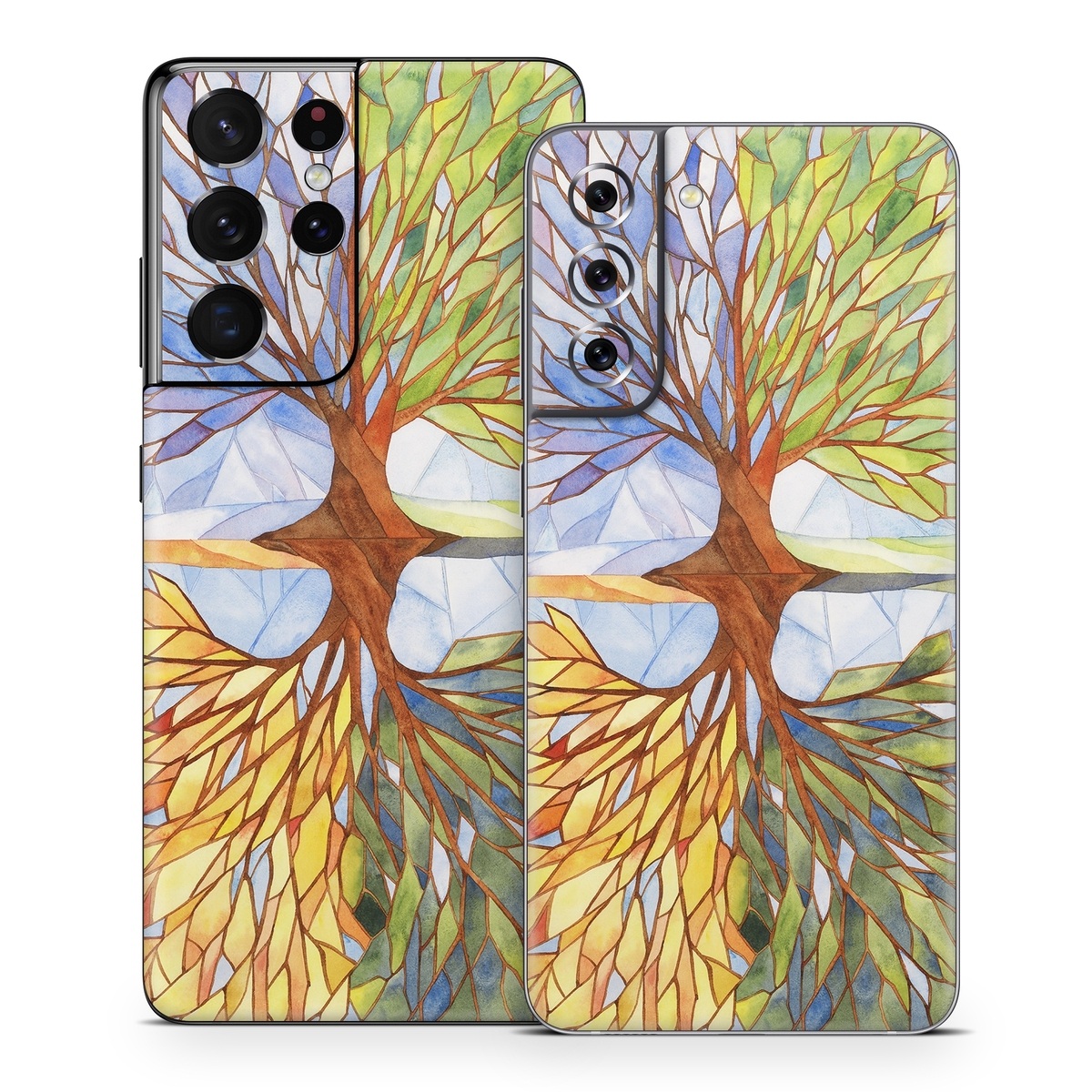 Samsung Galaxy S21 Series Skin design of Leaf, Tree, Botany, Plant, Symmetry, Art, Pattern, Painting, Plant stem, Plane, with blue, brown, orange, yellow, red, purple colors