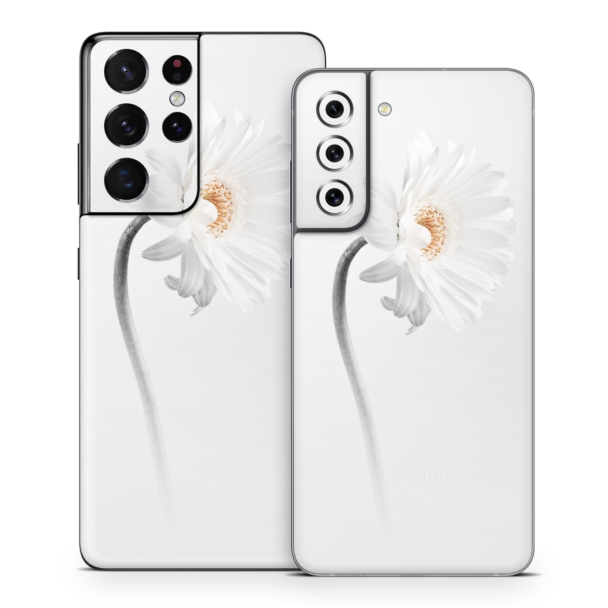 Samsung Galaxy S21 Series Skin design of White, Hair accessory, Headpiece, Gerbera, Petal, Flower, Plant, Still life photography, Headband, Fashion accessory, with white, gray colors