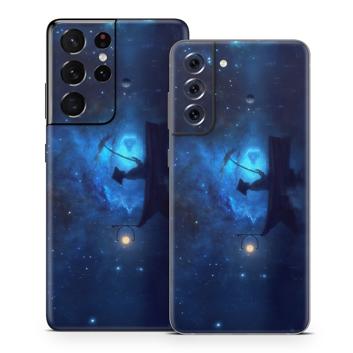 Samsung Galaxy S21 Series Skin design of Sky, Night, Atmosphere, Light, Atmospheric phenomenon, Darkness, Screenshot, Space, Midnight, Moonlight, with white, blue, black, green, orange colors