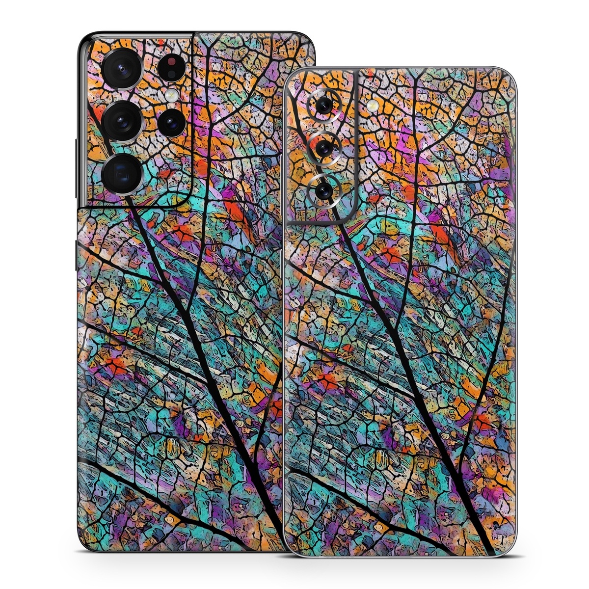 Samsung Galaxy S21 Series Skin design of Pattern, Colorfulness, Line, Branch, Tree, Leaf, Design, Visual arts, Glass, Plant, with black, gray, red, blue, green colors