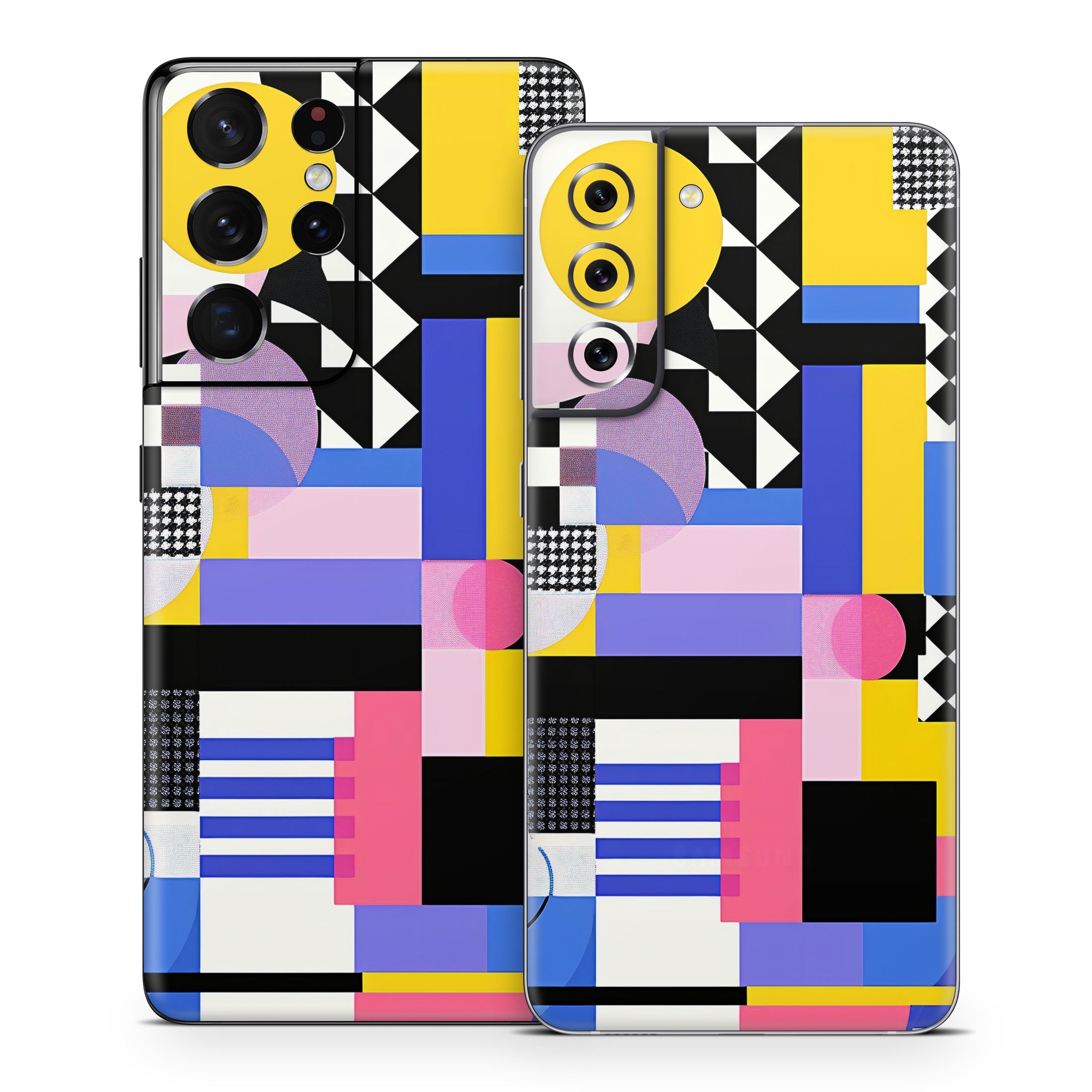 Samsung Galaxy S21 Series Skin design of White, Black, Rectangle, Font, Art, Red, Pattern, Tints and shades, Circle, Electric blue, with blue, white, black, yellow, pink, purple colors
