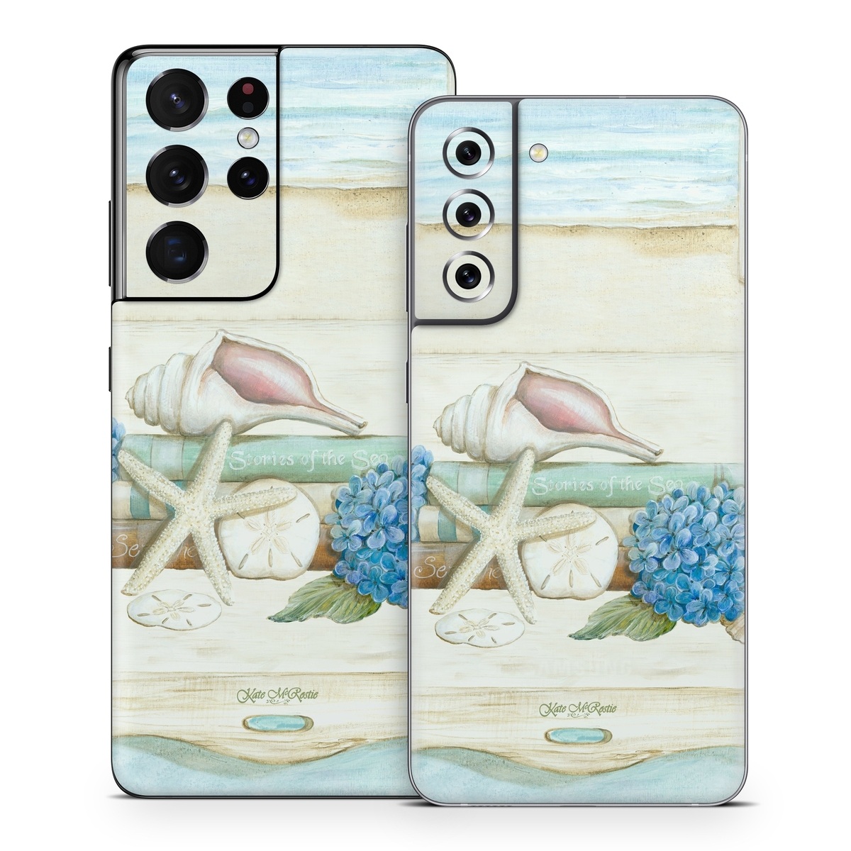 Samsung Galaxy S21 Series Skin design of Starfish, Shell, Hydrangea, Plant, Flower, Still life, Echinoderm, Cornales, with gray, green, blue, yellow colors