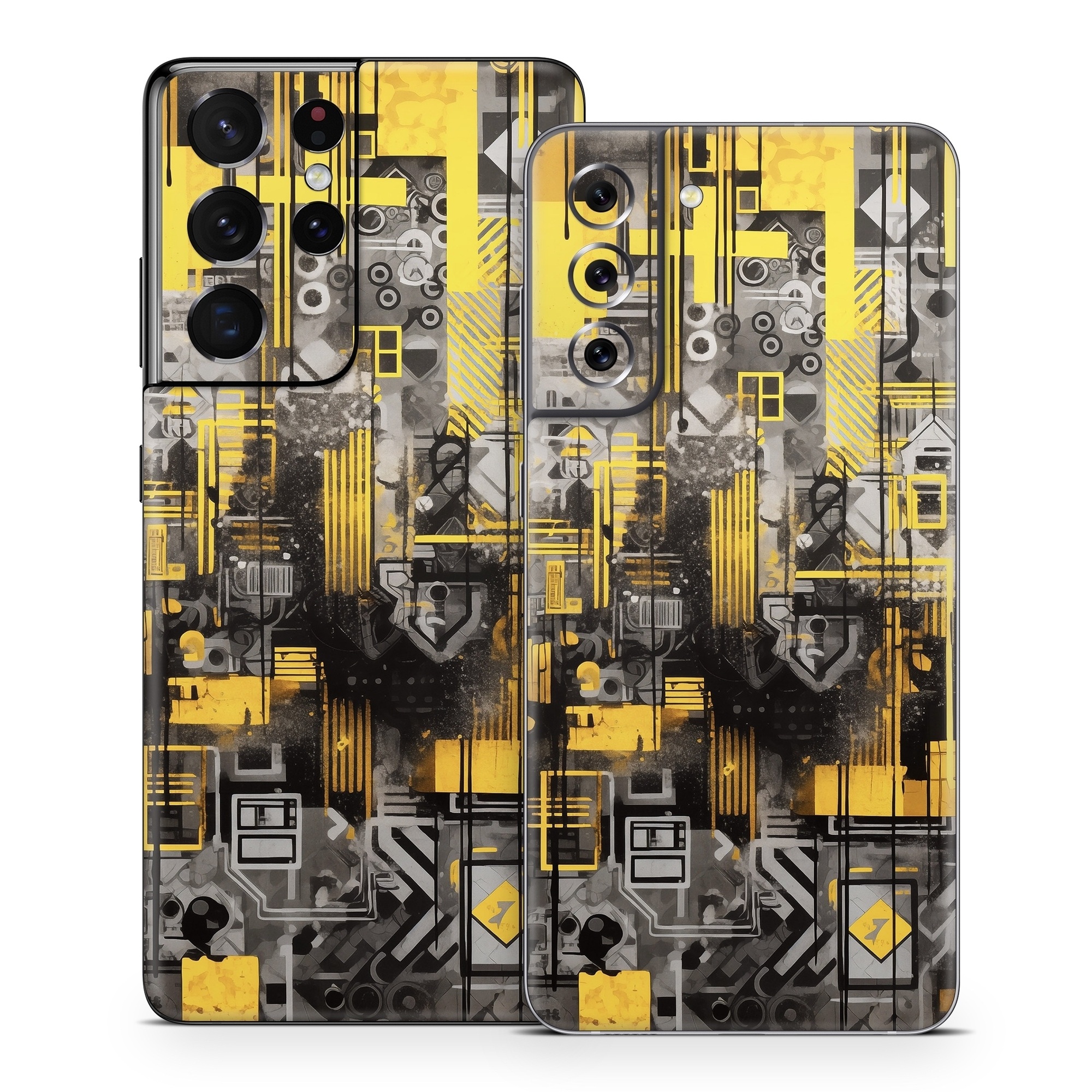 Samsung Galaxy S21 Series Skin design of Rectangle, Yellow, Font, Art, City, Engineering, Tints and shades, Pattern, Symmetry, Space, with black, white, gray, yellow colors