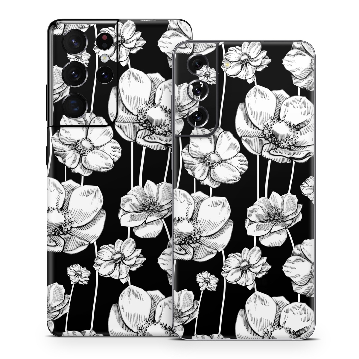 Samsung Galaxy S21 Series Skin design of Flower, Black-and-white, Plant, Botany, Petal, Design, Wildflower, Monochrome photography, Pattern, Monochrome, with black, gray, white colors