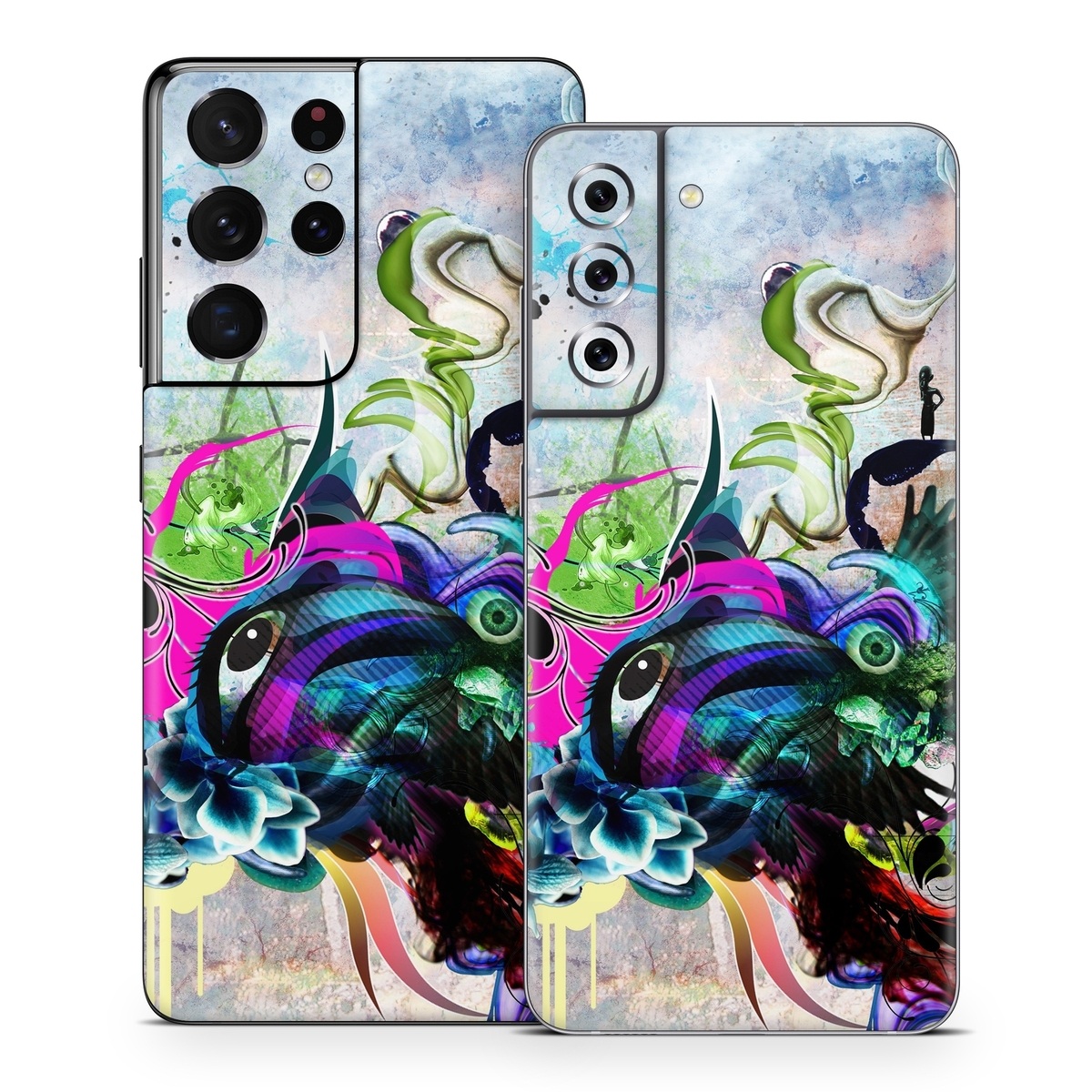 Samsung Galaxy S21 Series Skin design of Graphic design, Psychedelic art, Art, Illustration, Purple, Visual arts, Graffiti, Street art, Design, Painting, with gray, black, blue, green, purple colors