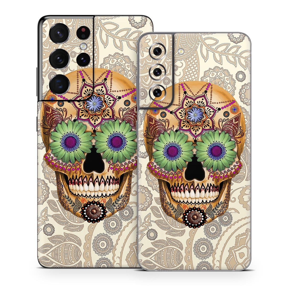 Samsung Galaxy S21 Series Skin design of Skull, Bone, Pattern, Design, Illustration, Visual arts, Fashion accessory, Art, with gray, yellow, green, black, red, pink colors
