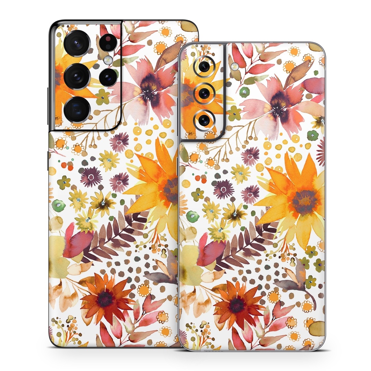 Samsung Galaxy S21 Series Skin design of Flower, Plant, Petal, Botany, Textile, Orange, Line, Groundcover, Creative arts, Flowering plant, with white, yellow, pink, green, brown, orange colors