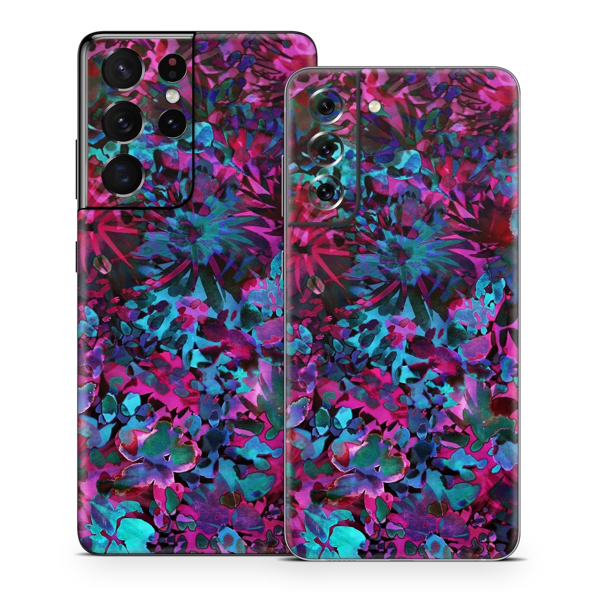 Samsung Galaxy S21 Series Skin design of Pink, Purple, Violet, Lilac, Flower, Leaf, Plant, Magenta, Botany, Pattern, with black, pink, purple, blue, green colors
