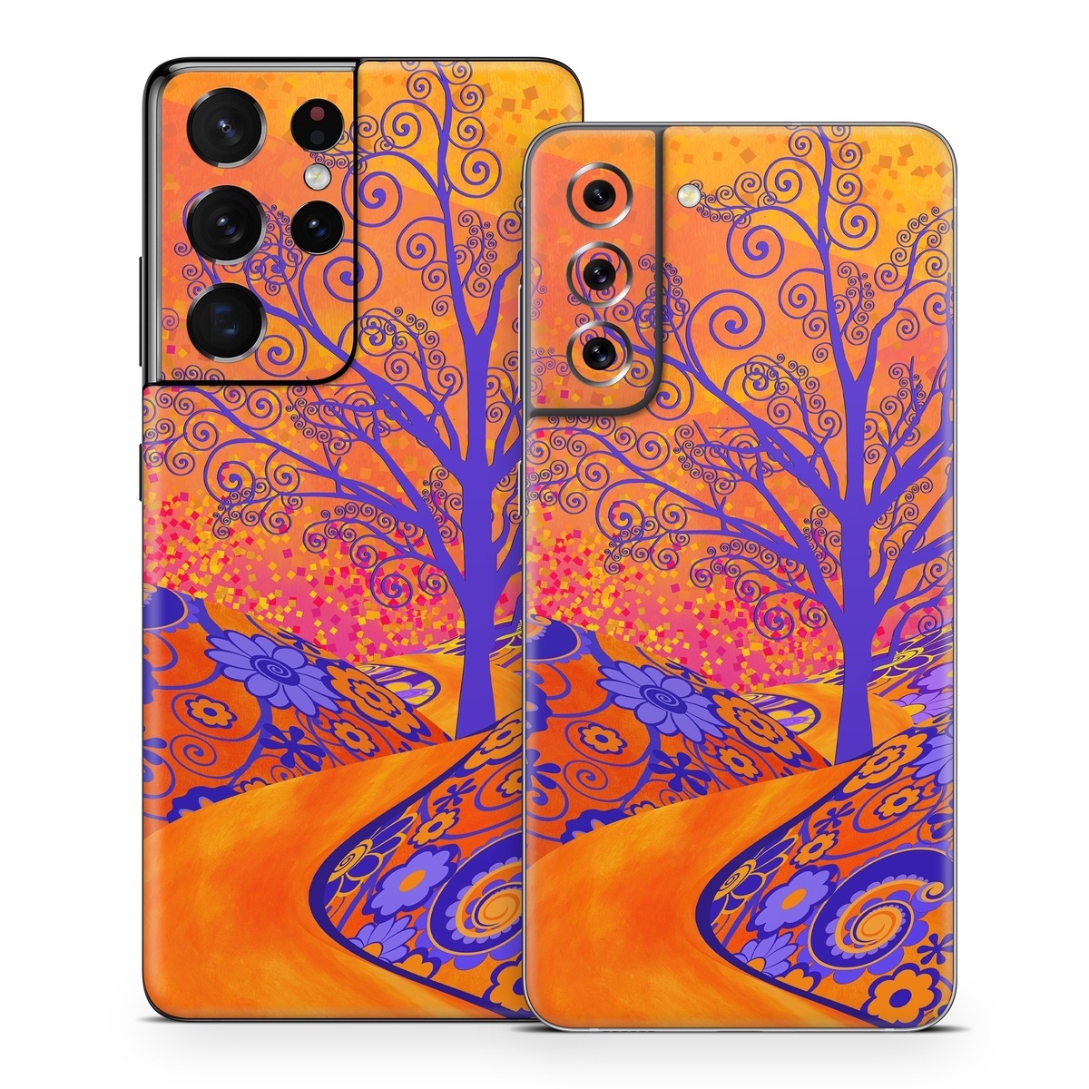 Samsung Galaxy S21 Series Skin design of Blue, Orange, Art, Acrylic paint, Modern art, Pattern, Visual arts, Painting, Majorelle blue, Psychedelic art, with orange, yellow, red, purple colors