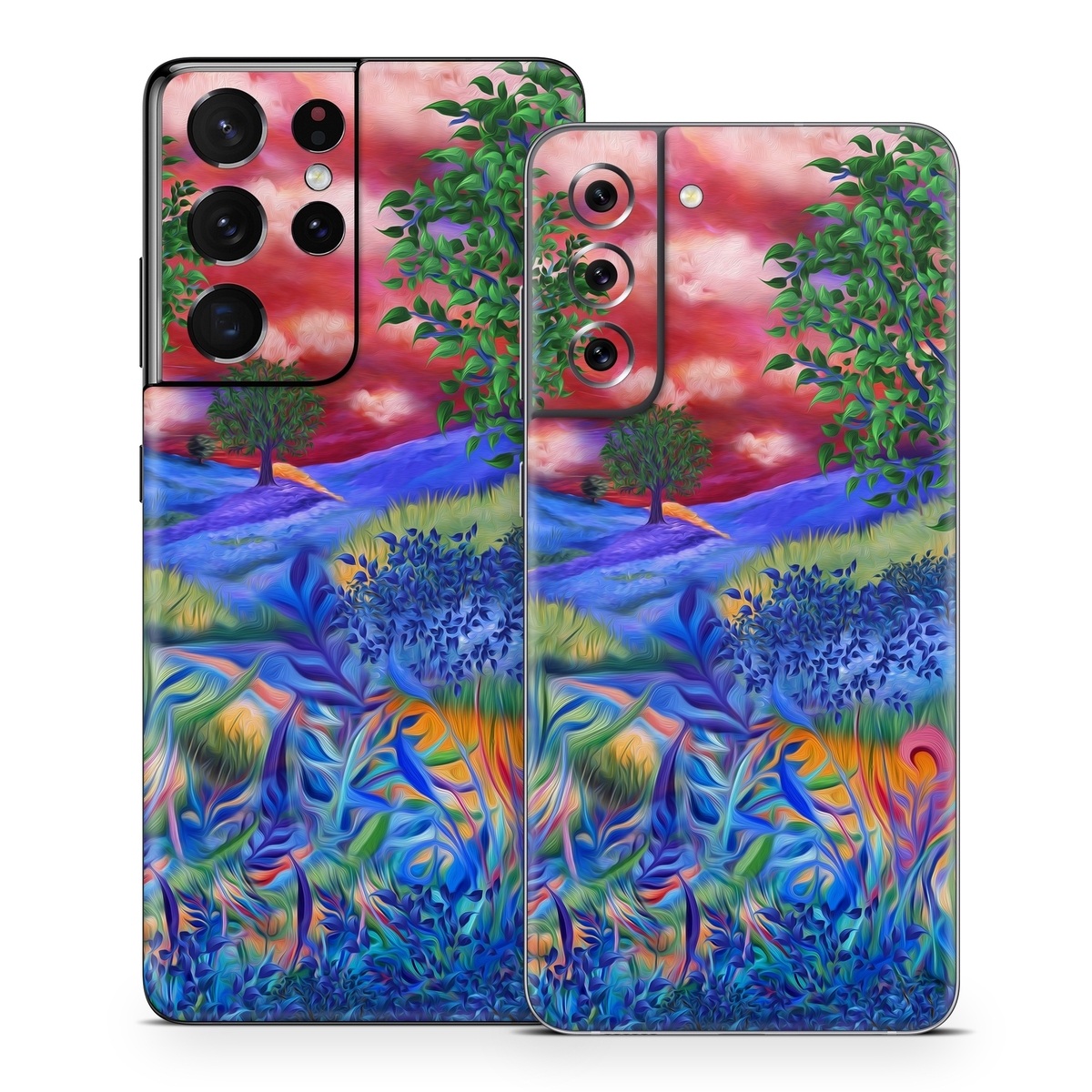 Samsung Galaxy S21 Series Skin design of Art paint, Plant, Plant community, Paint, Natural landscape, People in nature, Vegetation, Grass, Art, Painting, with blue, red, green, orange, yellow, pink, white colors