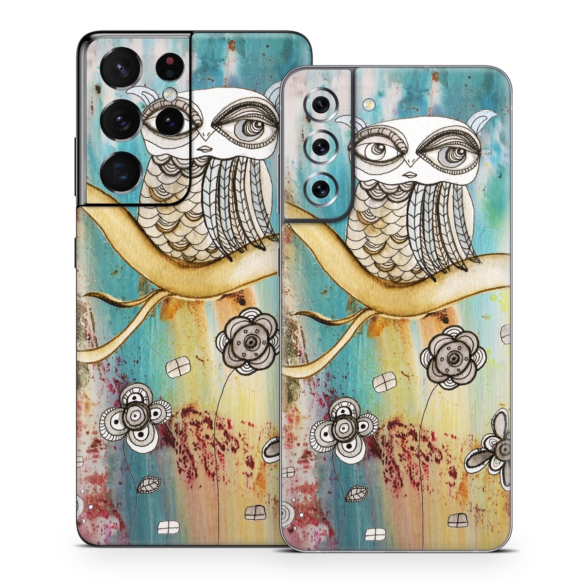 Samsung Galaxy S21 Series Skin design of Owl, Pink, Illustration, Art, Visual arts, Watercolor paint, Organism, Modern art, Graphic design, Pattern, with gray, red, green, black, blue, purple colors