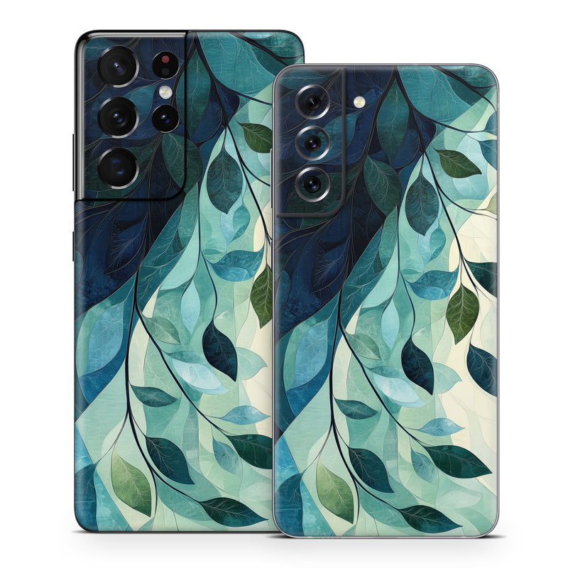Samsung Galaxy S21 Series Skin design of Blue, Natural material, Modern art, Wallpaper, Paint, Motif, with white, blue, green, yellow colors