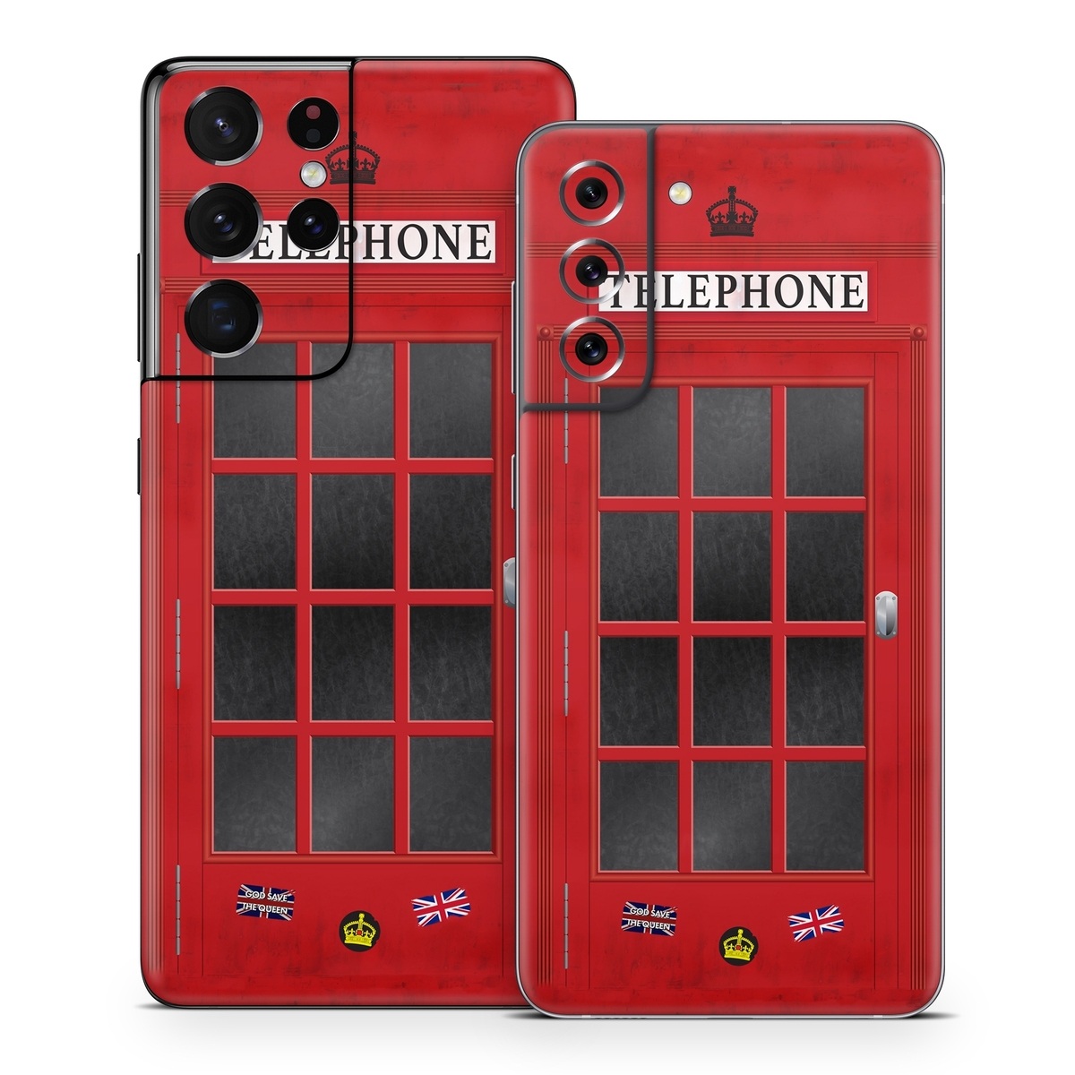 Samsung Galaxy S21 Series Skin design of Red, Font, Building, Telephone Booth, Facade, with red, black, gray, white, blue, yellow colors