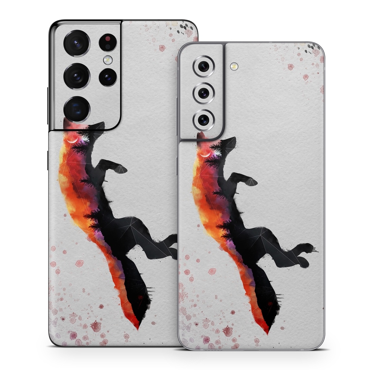 Samsung Galaxy S21 Series Skin design of Illustration, Watercolor paint, Art, Graphic design, Painting, Red fox, Visual arts, Paint, Drawing, Tail, with gray, black, red, yellow, orange, white colors