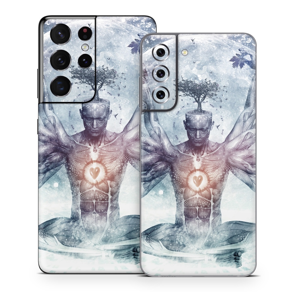 Samsung Galaxy S21 Series Skin design of Mythology, Cg artwork, Water, Illustration, Fictional character, Space, Graphics, Art, Graphic design, with blue, red, orange, black, white colors