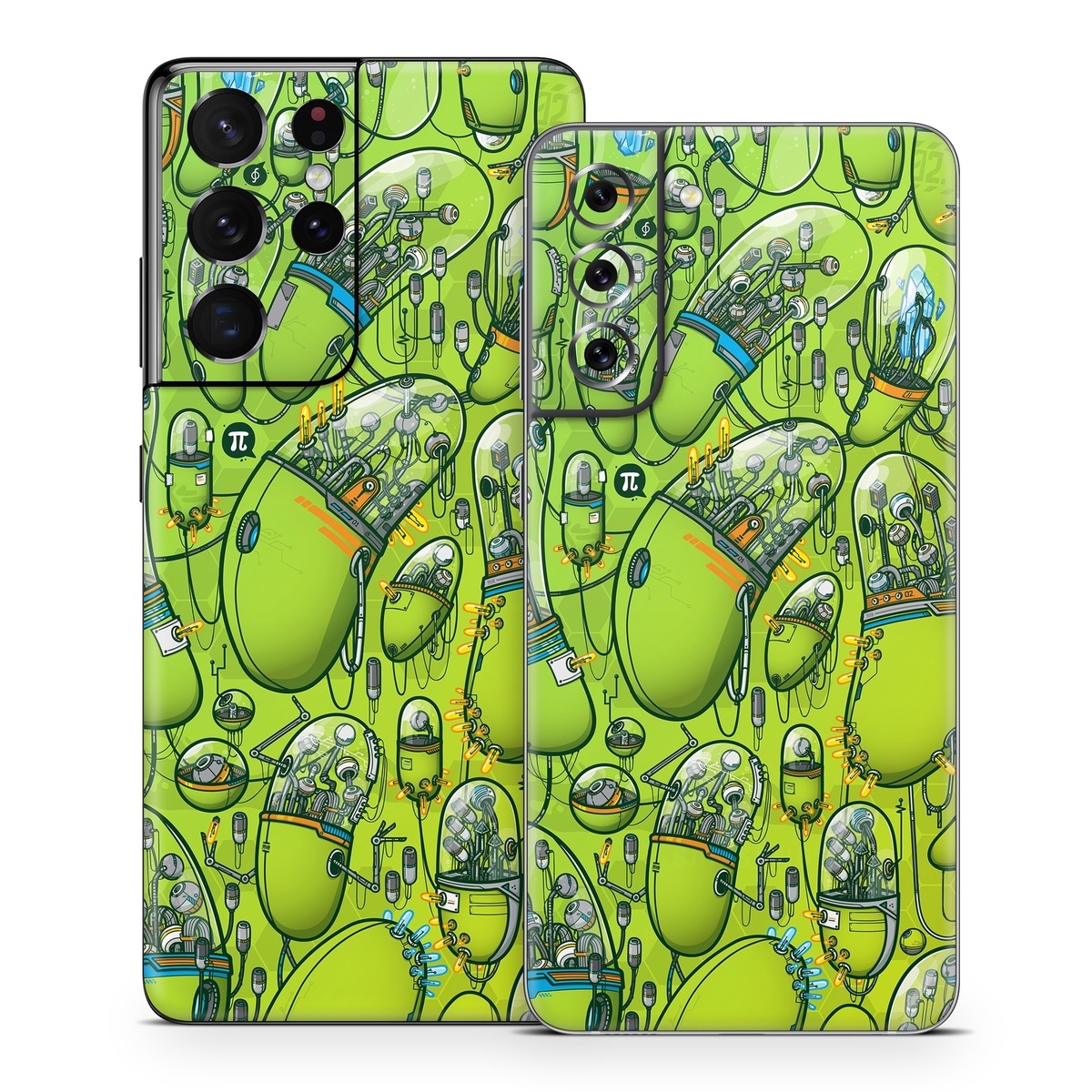 Samsung Galaxy S21 Series Skin design of Green, Pattern, Yellow, Design, Illustration, Plant, Art, Graphic design, Urban design, with green, blue, gray, yellow, orange colors