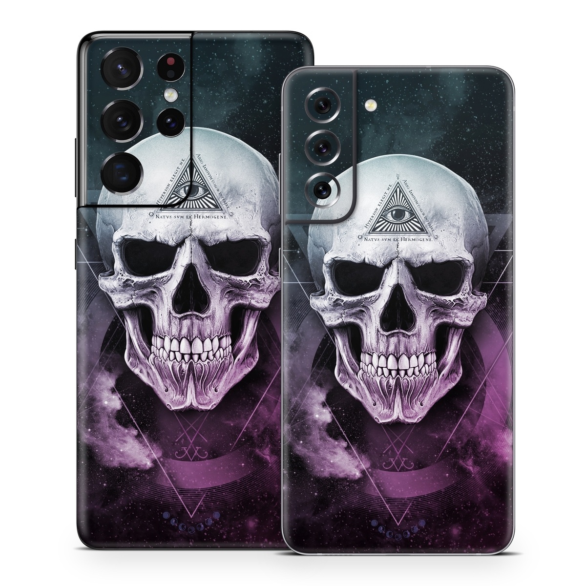Samsung Galaxy S21 Series Skin design of Skull, Bone, Illustration, Font, Jaw, Fictional character, Graphic design, Graphics, Art, with black, white, gray, purple colors