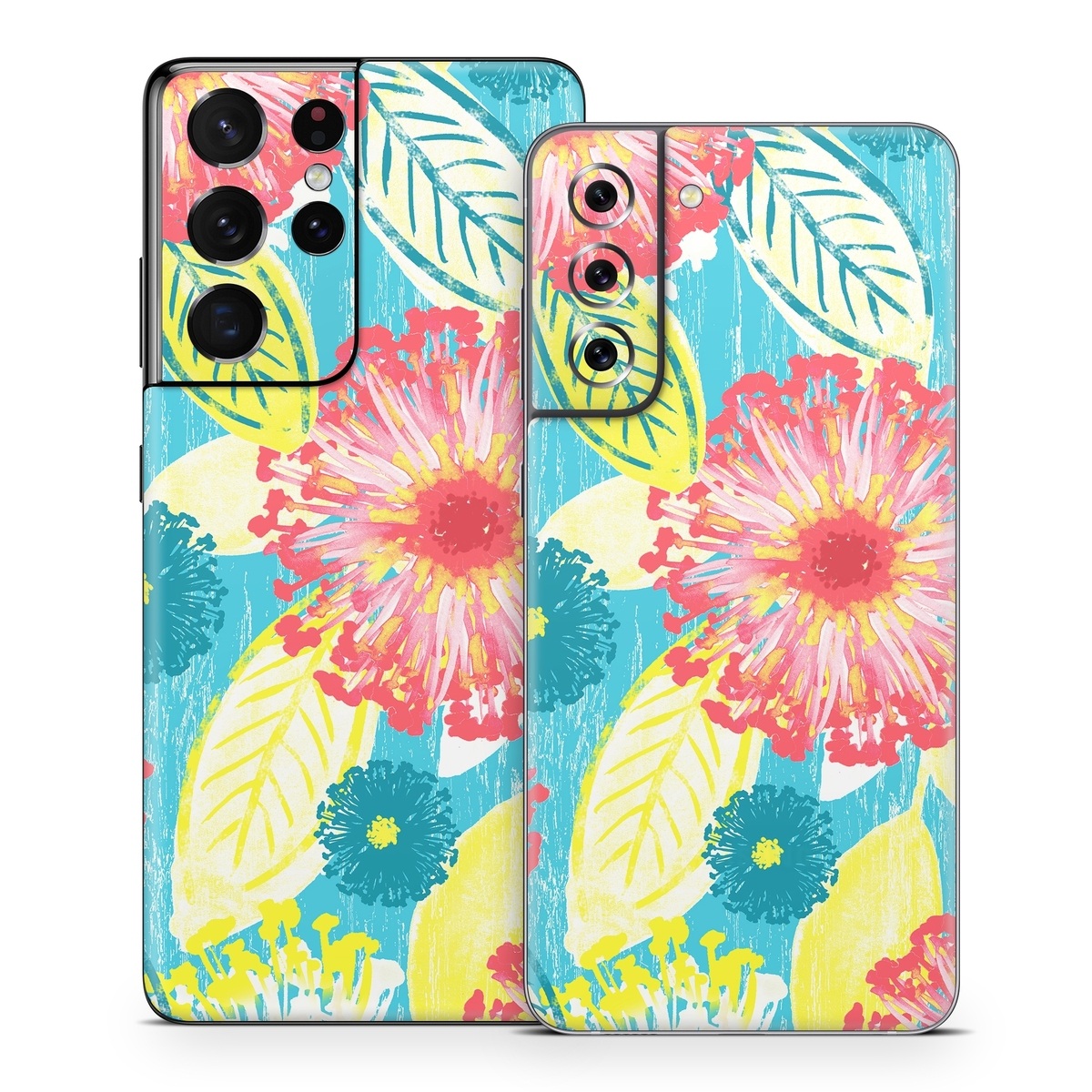Samsung Galaxy S21 Series Skin design of Pattern, Design, Flower, Floral design, Plant, Textile, Wrapping paper, Wildflower, Visual arts, with pink, gray, blue, yellow colors