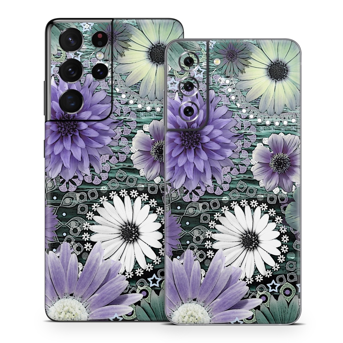 Samsung Galaxy S21 Series Skin design of Purple, Flower, african daisy, Pericallis, Plant, Violet, Lavender, Botany, Petal, Pattern, with gray, black, blue, purple, white colors
