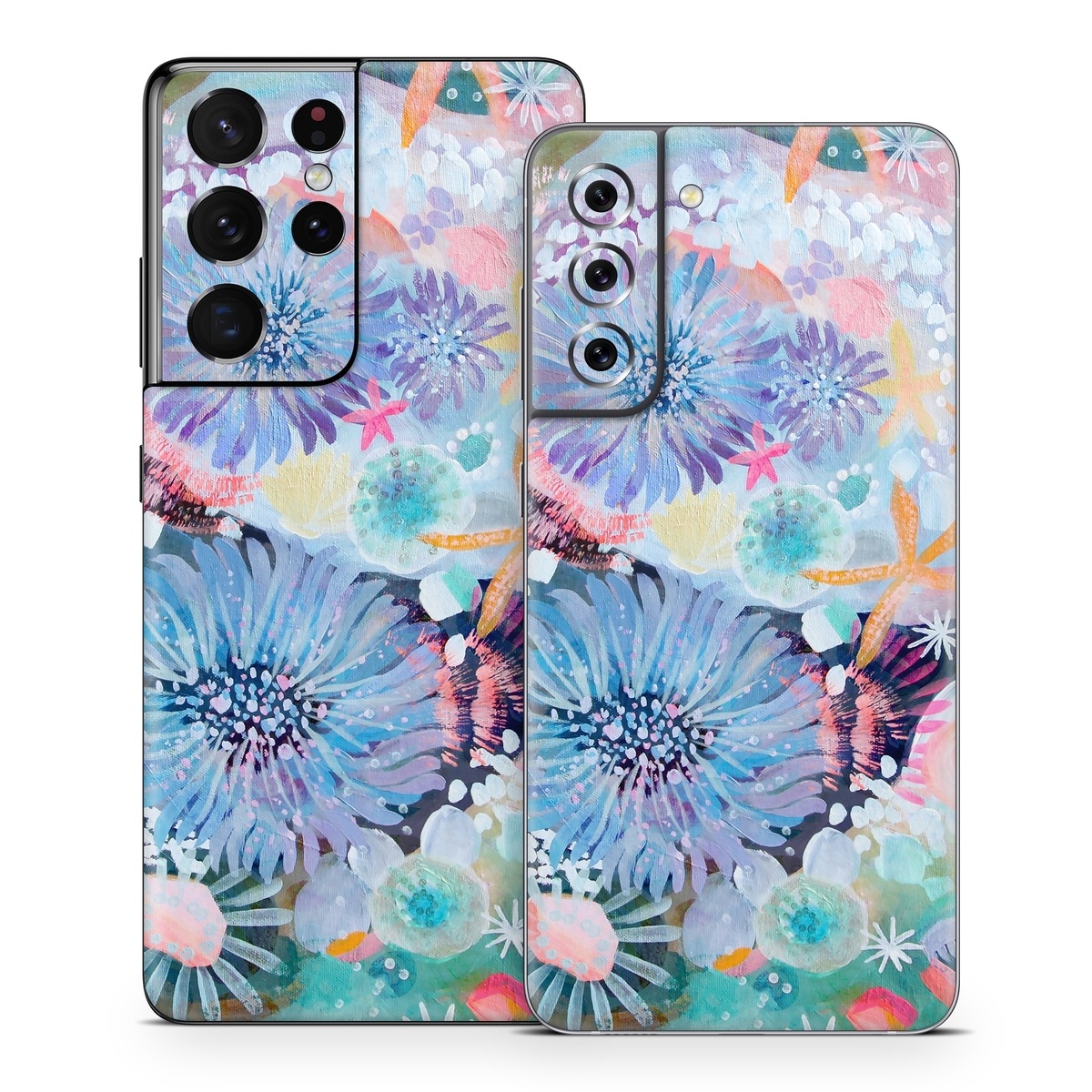 Samsung Galaxy S21 Series Skin design of Pattern, Aqua, Textile, Design, Watercolor paint, Visual arts, Flower, Art, Plant, Illustration, with blue, orange, pink, purple, green, white colors